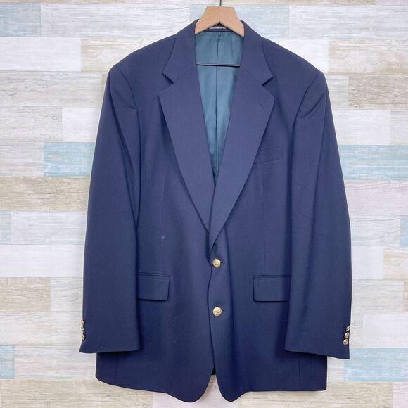 Jos A Bank Kent Hopsack Blazer Navy Blue Gold Buttons Wool Single Vent Mens 46L - Picture 1 of 12